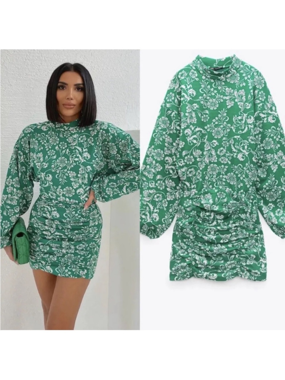 Zara Green and White Floral Long-Sleeve Ruched Mini Dress